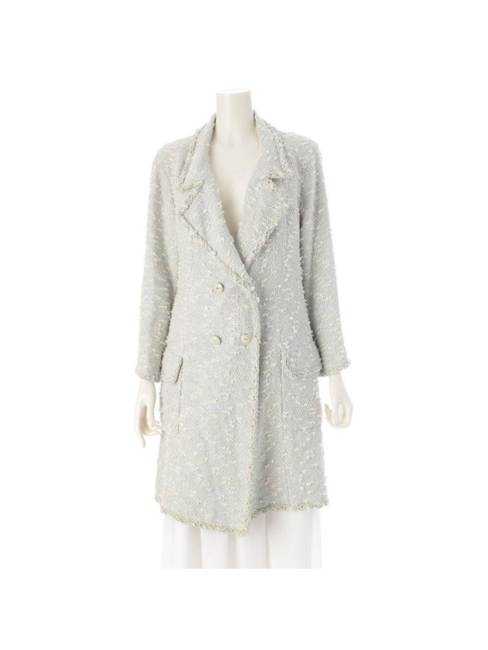Chanel 07C Tweed Coco Buttons Sequin Long Coat Double Breasted Blue White 38